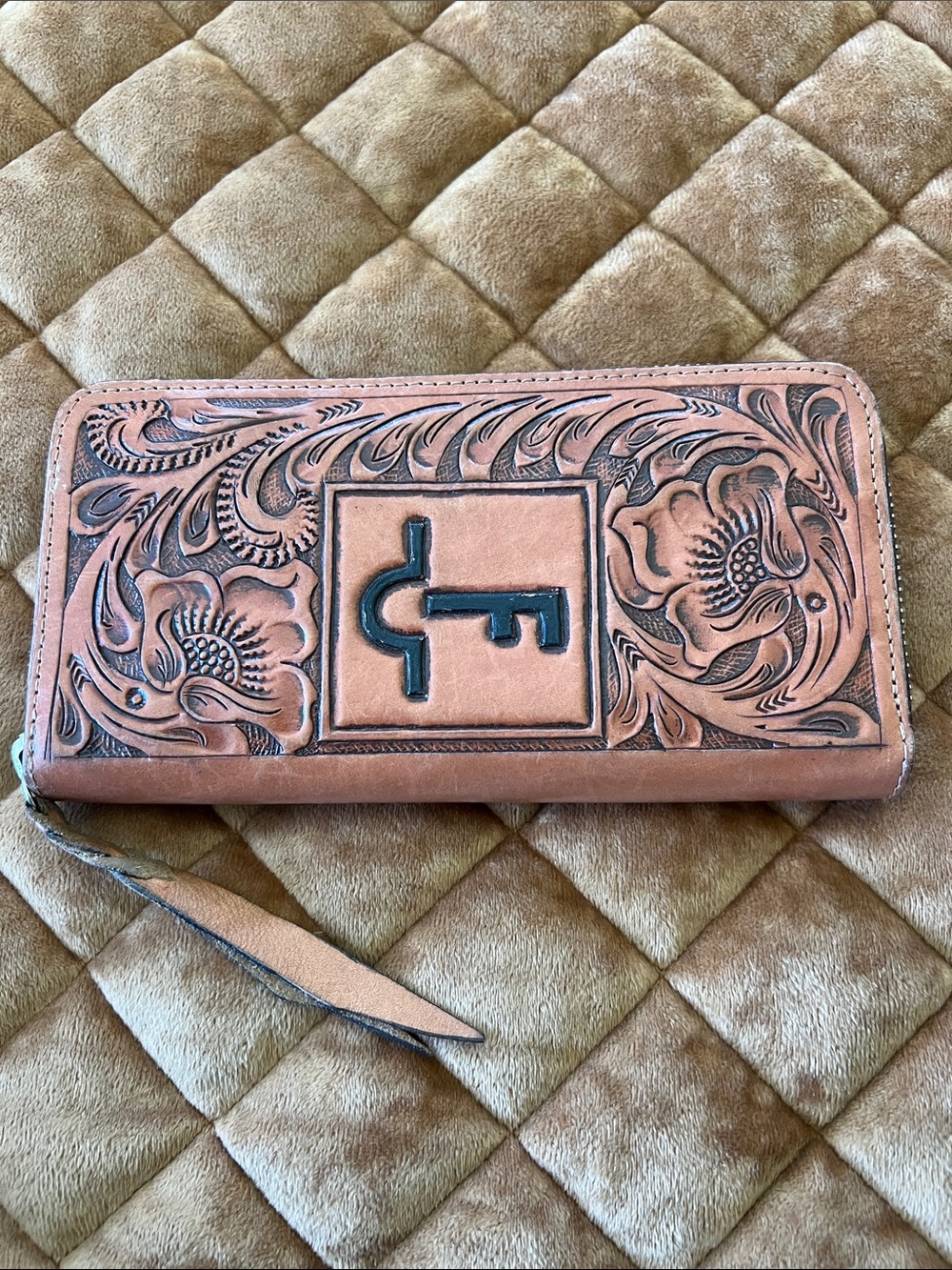 Tooled Leather Wristlet Wallet with Monogram Logo - Tan